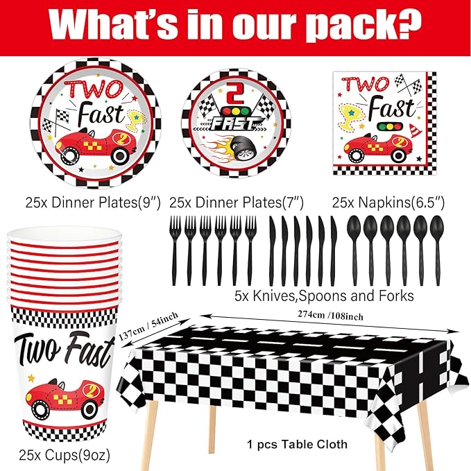 184pcs Two Fast Birthday Party Supplies Set Includes Racing Car Plates Napkins Tablecloth Swirl Banner Tableware Kit Dispose 2nd Birthday Table Decorations Favors, Serve 25