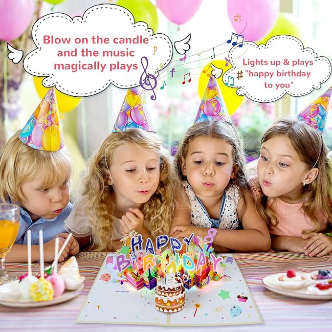 3D Musical Birthday Card, Blowable LED Light Candle, 3D Birthday Popup Cards with DIY 0-9 Numbers, Blow Out Led Light Candle, and Play Happy Birthday Music for Kids Men and Women