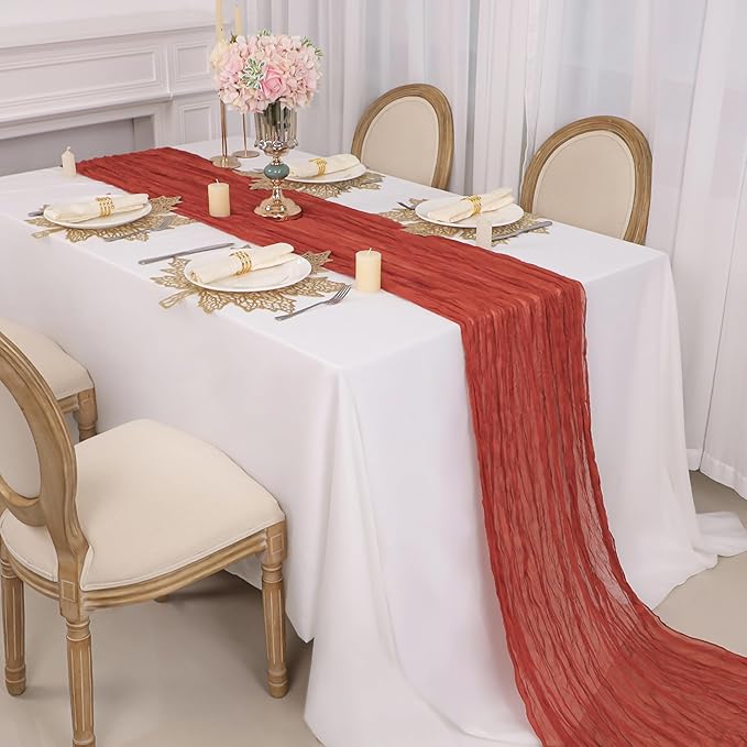 Snowkingdom 10 Ft Fall Thanksgiving Table Runner Terracotta Rust Cheesecloth Gauze, 120 inch Long Burnt Orange Boho Cheese Cloth for Wedding Bridal Shower Rustic Sheer Table Decorations