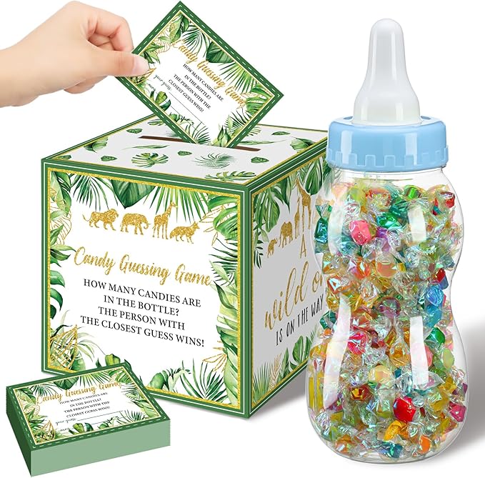 Glenmal 52 Pcs Baby Shower Games Gift Sets Large Baby Bottle for Shower Game Guess How Many Candies Decorations for Gender Reveal(Safari Jungle Animal)
