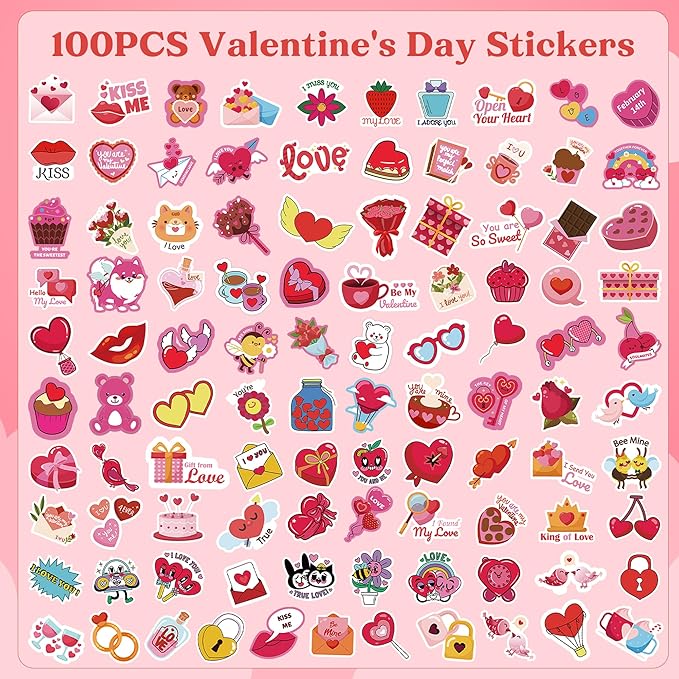 OHOME Valentines Stickers - 100 PCS Heart Stickers for Kids Classroom School - Valentines Day Crafts Gifts Treats Decor Cards Scrapbooking Decorations Supplies - Valentine's Party Favors