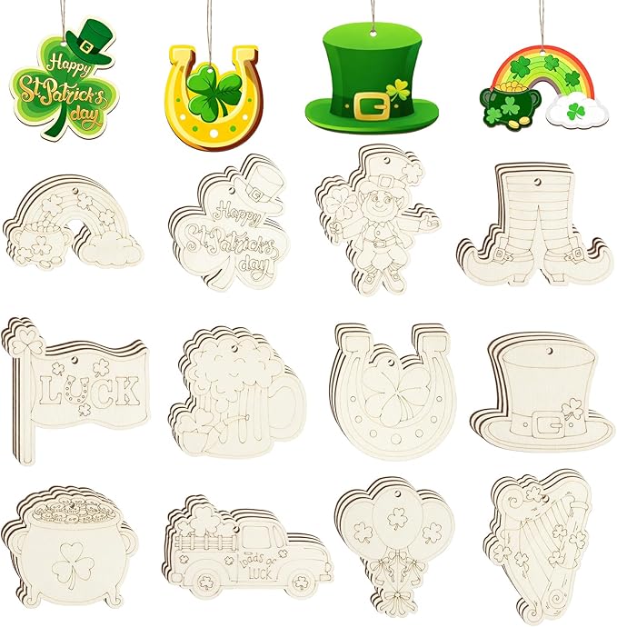36PCS Wooden St. Patrick's Day Ornaments to Paint Shamrock Cutout Decorations,12 Styles DIY Blank Unfinished Wood Shamrock Cutouts Ornament for Tree Home Crafts Hanging, Hat Beer Gifts Indoor Spring