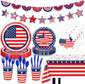 170 Pcs Patriotic American Flag Plates Napkins Cups Tablecloth Banner Red White Blue 4th of July Party Supplies for Flag Day, Veterans Decorations Serve 24