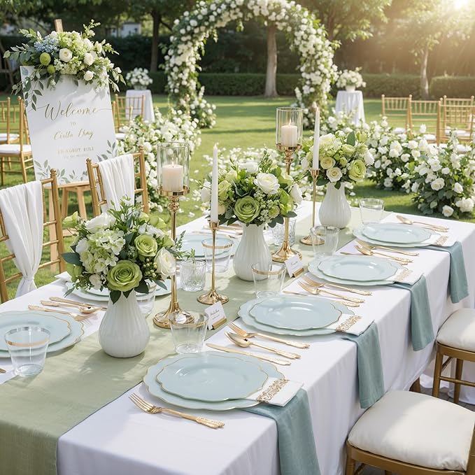 NOCCUR 175PCS Sage Green Plastic Plates with Gold Disposable Silverware - Include 50 Green and Gold Plastic Plates,25 Knives,25 Forks,25 Spoons,25 Cups and 25 Napkins - Easter Day/Spring Party
