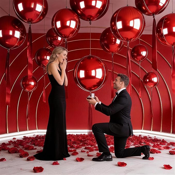 12Pcs Red Round Balloons Foil, 22" 18" 15" 10" 4D Round Ball Balloon, Big Metallic Red Foil Balloons Helium for Valentine Day Graduation Christmas New Year Prom Birthday Party Decorations Supplies