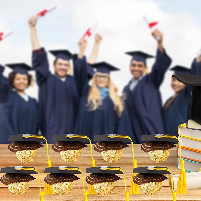 Gyufise 36Pcs 2026 Graduation Cap Cupcake Toppers with Tassel Adhesive Dots Chocolate Decorations Class of 2026 Congrats Grad Cap Cupcake Decorations for 2026 Graduation Theme Party Supplies Gold