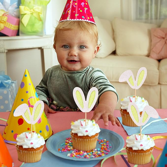 Ercadio 24Pcs Easter Bunny Ear Cupcake Toppers Glitter Yellow Rabbit Ears Cupcake Picks Easter Bunny Cupcake Decors for Rabbit Baby Gender Reveal Kids Birthday Baby Shower Party Supplies