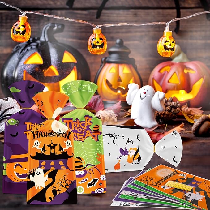 50 Pack Halloween Treat Bags - Plastic Halloween Goodie Bags, Happy Halloweens Candy Bag, Trick or Treat Snack Gift Cellophane Bags with Twist Ties for Kids Hallowen Party Birthday Supplies Favors