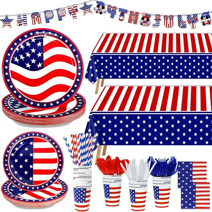 244PCS 4th of July Decorations Patriotic American Flag Party Supplies - Serve 30 - Tablecloths,4th of July Disposable Paper Plates Cups Napkins Cutlery Forks Spoons Straws,Banner Red White Blue Decor