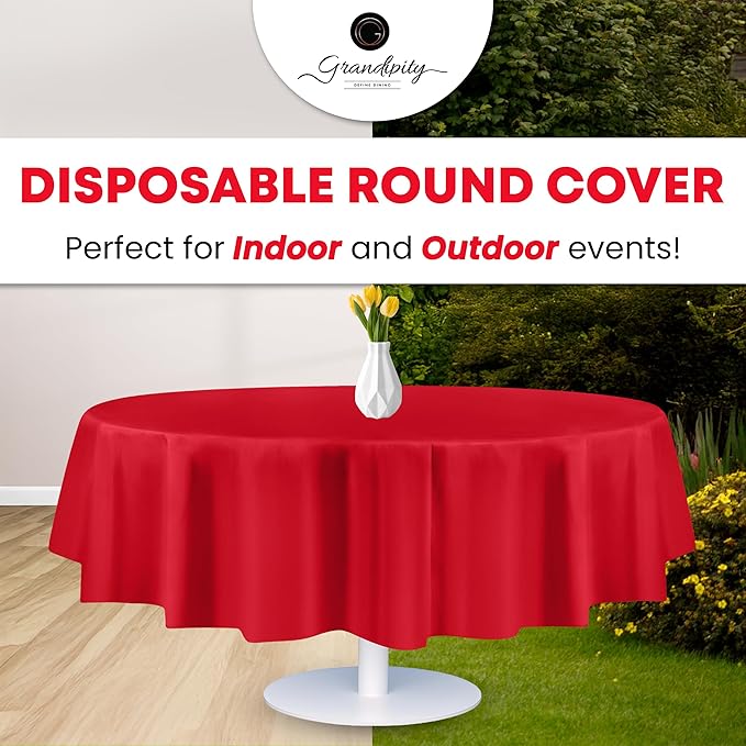 Grandipity 12 Pack Premium Disposable Plastic Tablecloth 84" Inch Decorative Round Table Cover - Red
