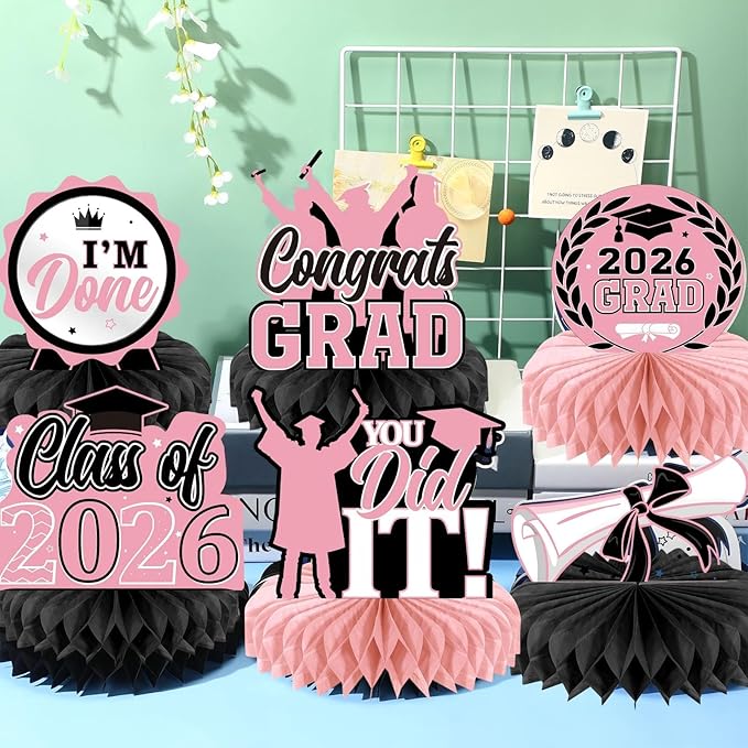 Yisong 9 Pieces 2026 Graduation Party Table Decorations Class of 2026 Congrats Graduation Centerpieces for Tables Congratulate Honeycomb Centerpiece Topper for Grad Party Supplies (Pink, Black)
