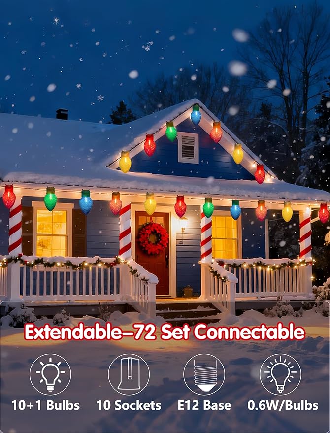 Jumbo Christmas Lights String,16FT C7 Giant Christmas Lights Decorations Connectable Hanging Lights with 10 Multicolor Strawberry Big Bulb for Roof Yard Garden Outside Decor
