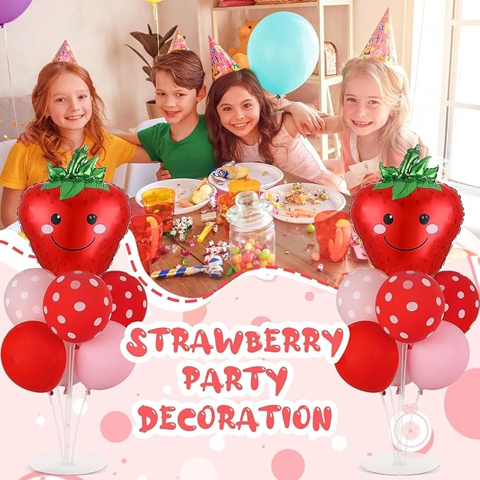 Strawberry Party Balloons Stand Kit 2 Sets with 2 Strawberries Foil Balloons Sweet Strawberry 1st Party Balloon Centerpieces for Tables for Girls Strawberries Birthday Themed Decorations