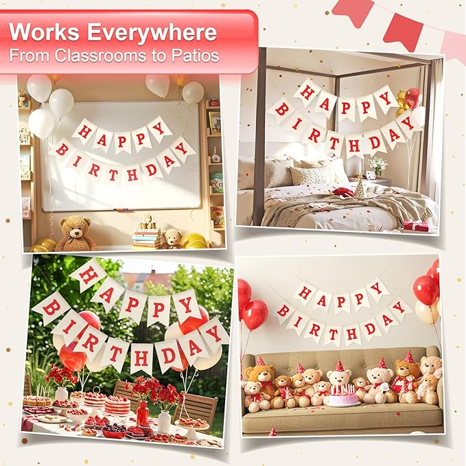 Happy Birthday Banner - Pre‑Strung Burlap Birthday Decorations and Reusable Birthday Sign for Men, Women & Kids | Party Supplies Backdrop (Red)