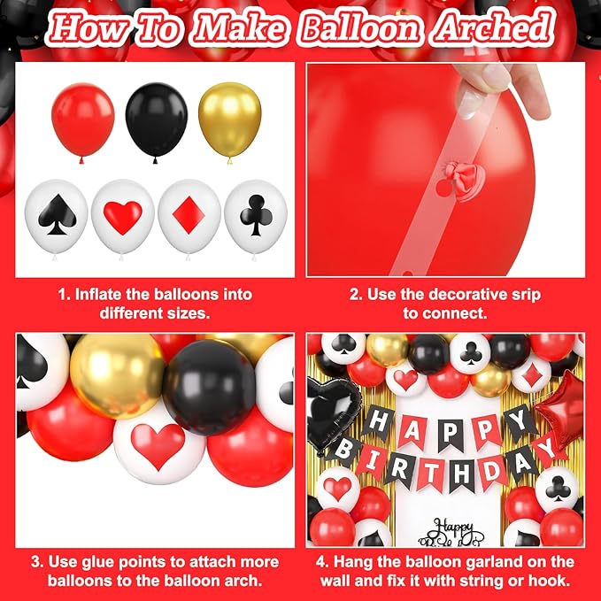 Casino Theme Party Decorations for Men Women, Casino Birthday Decorations with Poker Balloons 'HAPPY BIRTHDAY' Banner Cake Topper Star Foil Balloons Fringe Curtain for Las Vegas Game Night Party Decor