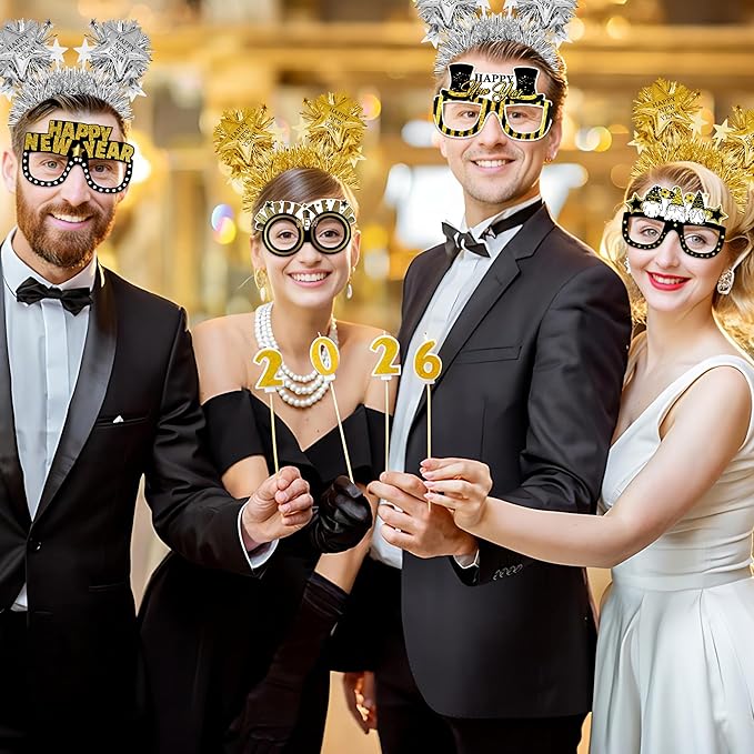 fiintrwa Happy New Year Headband Tiara Gold Silver Fringed Noise Makers and 2026 New Year Party Glasses Decoration Supplies
