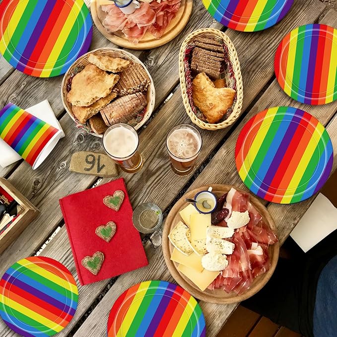 168Pcs Pride Paper Plate and Napkins Rainbow Party Supplies Disposable Tableware Set for Colorful Stripes Party Decorations Serve 24 Guests