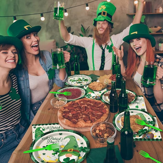 Wiooffen 96 Pcs St. Patrick’s Day Plates and Napkins Green Shamrock Gnome Lucky Tableware Set Irish Festival Party Supplies Table Decorations for 24 Guests