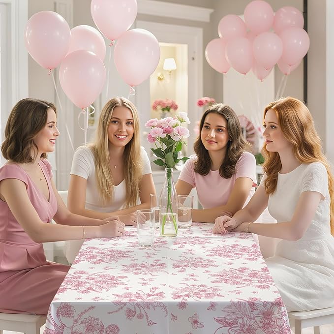 3 Pcs Pink Floral Plastic Tablecloths, 54 X 108Inch Tea Party Tablecloth Disposable Vintage Table Cloth Pink and White Porcelain Tables Decor for Easter Mother's Day Birthday Garden Wedding Tea Party