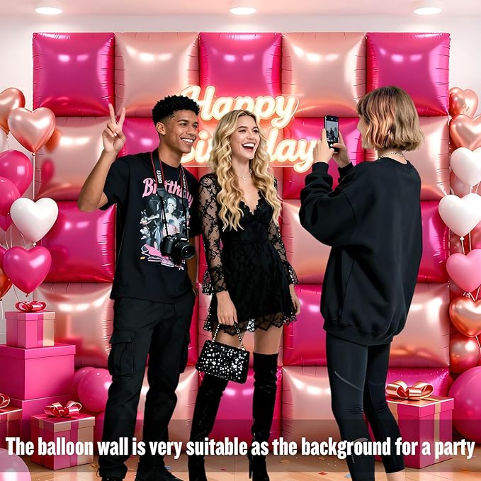 36Pcs Hot Pink and Rose Gold Square Foil Balloons Wall Backdrop, Double Sided Metallic Foil Balloons Tunnel Arch Garland Kit for Photo Booth Birthday Wedding Halloween Christmas Party Decorations