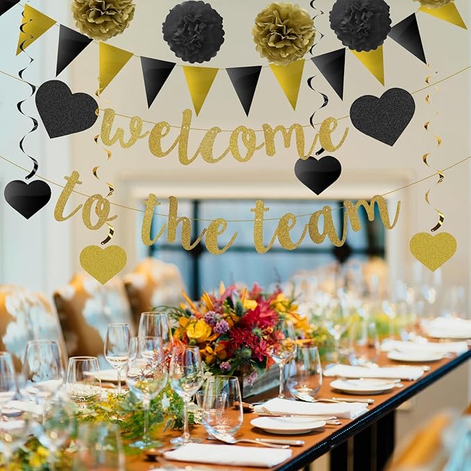 Welcome to The Team Banner Black Gold Glittery Welcome Banner for New Employee Team Member Coworker Staff Colleague New Teacher Welcome Party Banner Garland Decorations Welcome Banner for Office Party