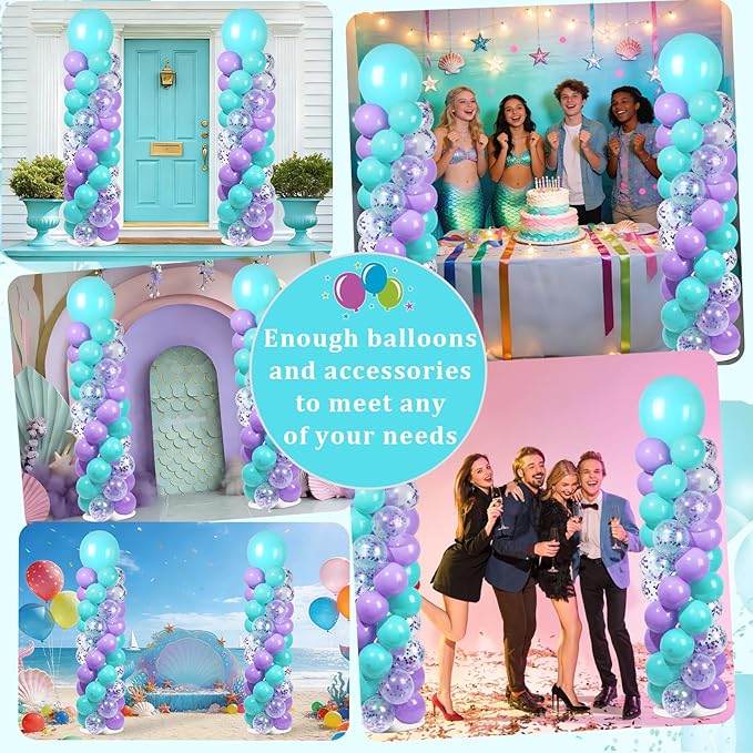 2 Sets Pink Purple Blue Balloon Column Stand Kit with 100 Balloons Adjustable Balloon Tower Stand with Bases for Floor Confetti Balloons Column Kit for Mermaid Theme Graduation Birthday Party Decor
