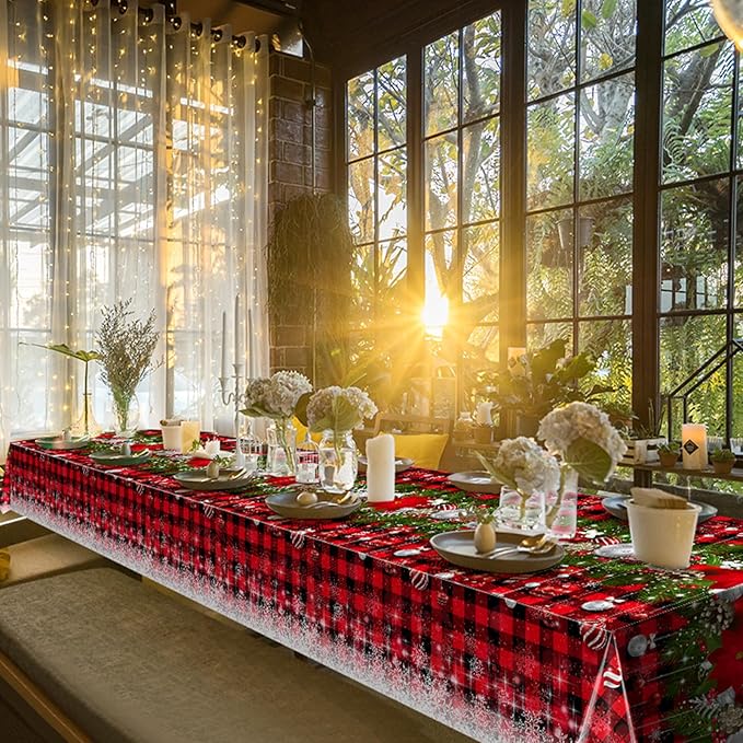 6Pcs Christmas Buffalo Plaid Snowflake Tablecloths,Plastic Red and Black Checkered Rectangle Christmas Tree Color Ball Table Cover for Winter Xmas New Year Holiday Party Decorations,54x108 inch