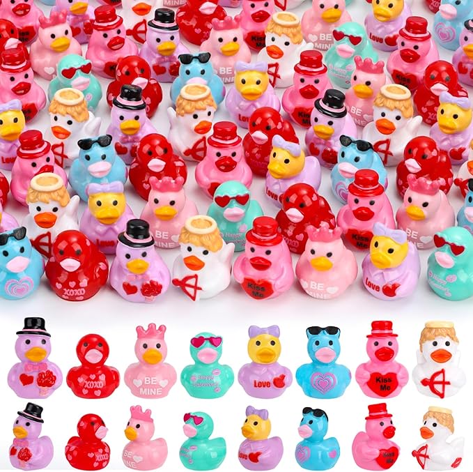 200 Pcs Valentine's Day Mini Resin Ducks 8 Style Bulk Love Heart Duck Figures to Hide for Valentines Gifts Home Tabletop Garden Miniature Landscape Cake Birthday Party Decor