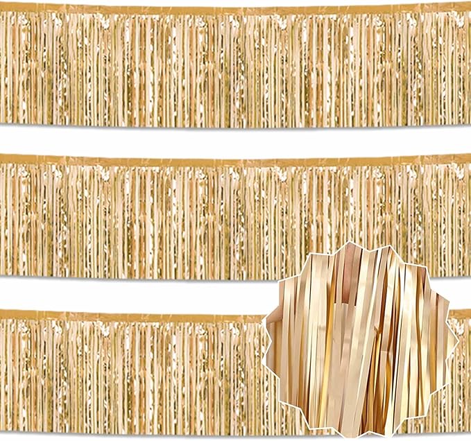 3 Pack 10 Ft Champagne Gold Foil Fringe Garland Metallic Streamers Tinsel Banner Wall Hanging Garland Backdrop for Parade Floats, Halloween, Christmas, Thanksgiving, New Year Party Decorations
