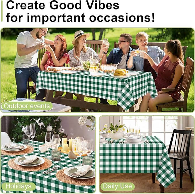QIKSION Green Gingham Tablecloth Disposable 6 Pack, 54 x 108 Inch Green and White Checkered Table Cloth for Camping, Birthday, Masters Golf Party Supplies, Rectangle, Plastic Table Cover