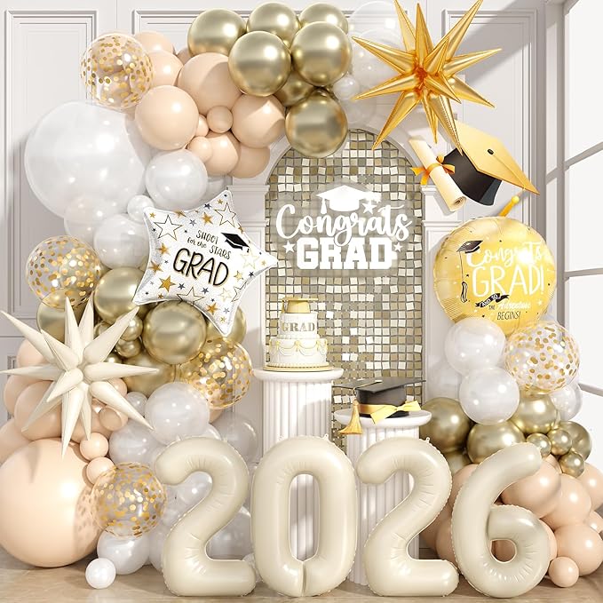 Sand White Gold Balloon Arch Kit, Graduation Balloon Garland Sand Gold White Balloons with Foil Star Confetti Balloons for 2026 College High School Graduation Decorations Class of 2026