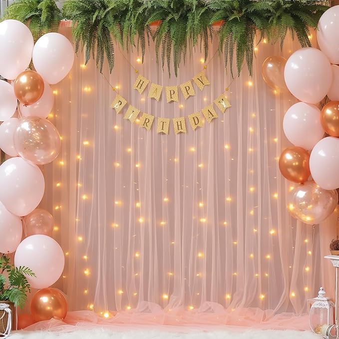 20x8ft Peach Tulle Backdrop Curtain with Lights String for Parites, Sheer Backdrop Curtains for Wedding Baby Shower Birthday Party Photo Shoot Decorations