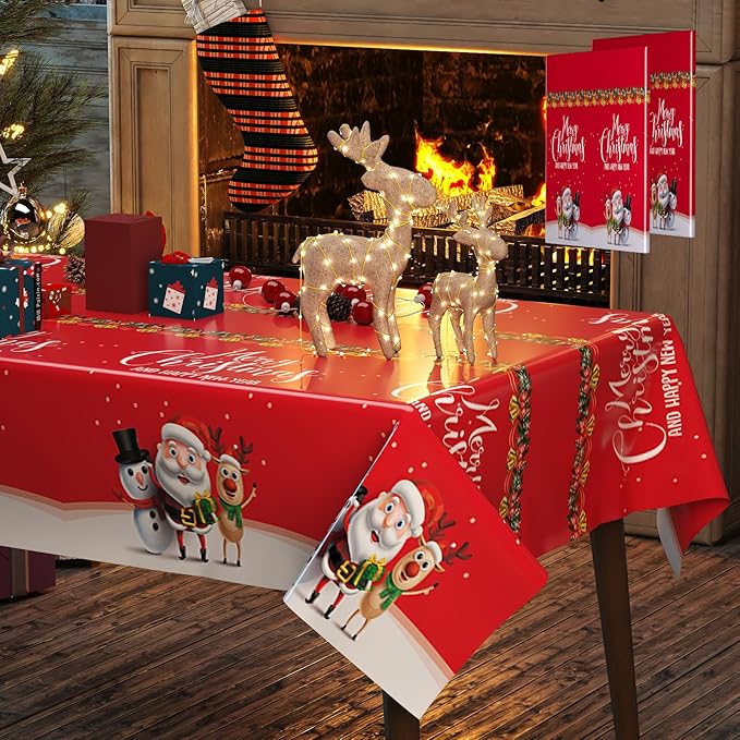 Fibevon Christmas Tablecloths, 2-Pack Rectangular Disposable New Year Tablecloth 54 by 110 inch Premium Table Covers with Elk Snowman and Santa Claus Plastic Tablecloth for Happy New Year Decor
