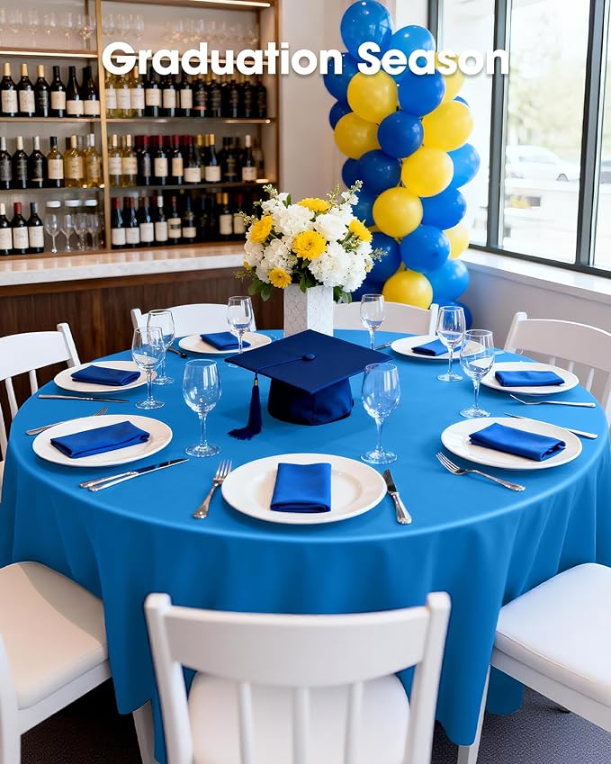 Pureegg Plastic Table Cloth Disposable 12 Pack, 84'' Round Table Cloths, Graduation Decorations Class of 2026, Graduation Party Tablecloths, Round, Plastic Cover, Leakproof & Sturdy, Blue