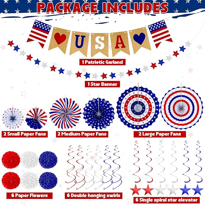 26 PCS 4th of July Decorations, 250th Memorial Day Red White Blue Paper Fans Decorations, 4th of July Banner Pompom Garland and Hanging Swirls Set for Fourth of July Independence Day Decor