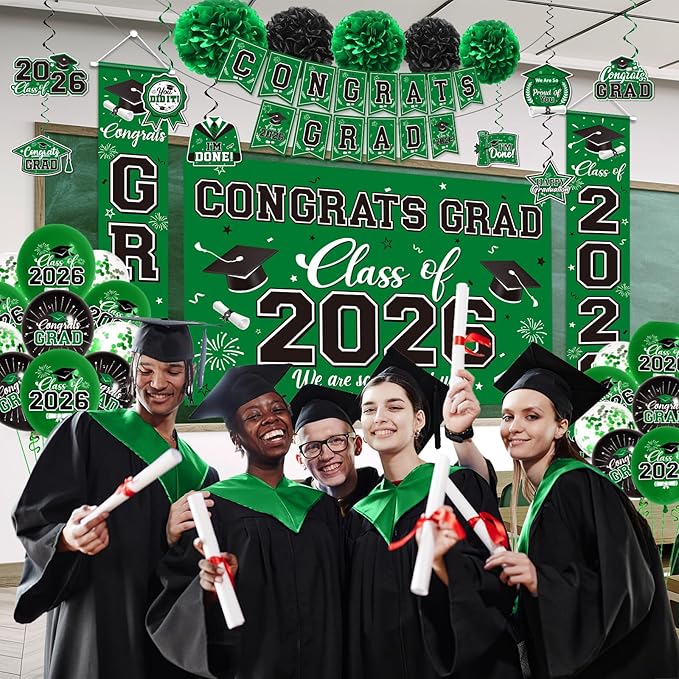 Graduation Decorations 2026 Green Party Decor Set with Congrats Grad Banner, Class of 2026 Backdrop, Balloons, Box & Streamers Supplies for High School & College Celebrations