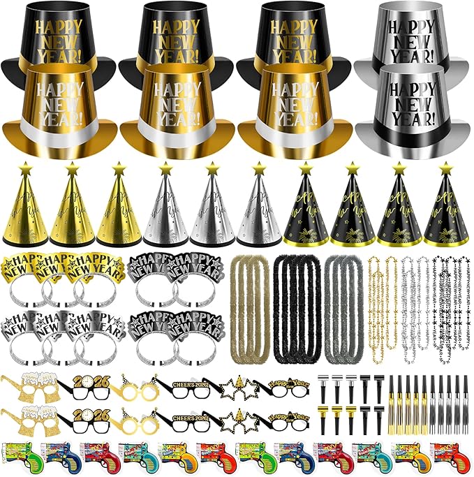 POILKMNI 92 Pcs New Years Eve Party Supplies - New Years Headbands, NYE Hats and Noisemakers for 46 People, Plastic Party Favors, Cone Hats, Horns, Glasses