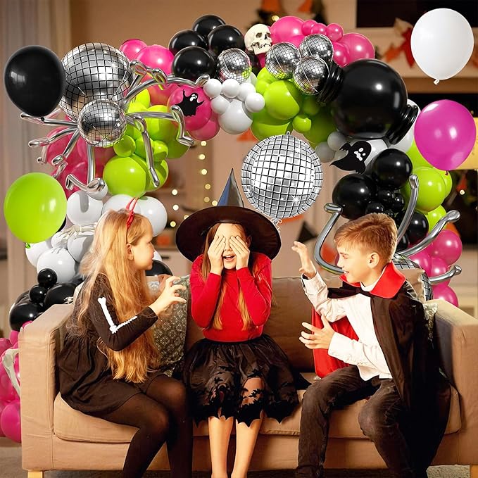 Halloween Balloons Arch Kit, Black Green Hot Pink Balloon Garland Kit with 4D Disco Spider Balloon, Black Pink White Metallic Silver Long Balloons for Halloween Birthday Home Garden Party Decorations