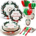 350 Pcs Merry Christmas Paper Plates and Napkins Set for 50 Guests Disposable Dinner Tableware Dinnerware Party Supplies Includes 100 Paper Plates 50 Cups Napkins Set Knives Forks Spoons