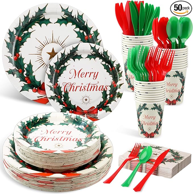 350 Pcs Merry Christmas Paper Plates and Napkins Set for 50 Guests Disposable Dinner Tableware Dinnerware Party Supplies Includes 100 Paper Plates 50 Cups Napkins Set Knives Forks Spoons
