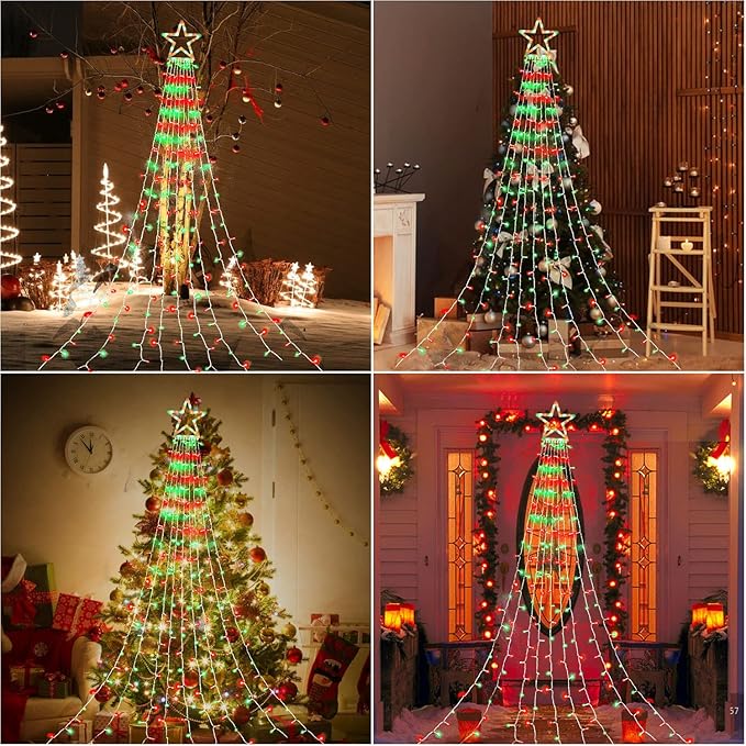 Outdoor Christmas Lights, 320 LED String Lights with Star Tree Topper, Outdoor Christmas Decorations [8 Modes & Waterproof] for Halloween Xmas New Year Holiday (Plastic Star-Red & Green)