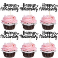 24 PCS Happy Anniversary Cupcake Toppers Glitter Wedding Anniversary Cupcake Picks Decorations for Wedding Anniversary Birthday Party Supplies Black