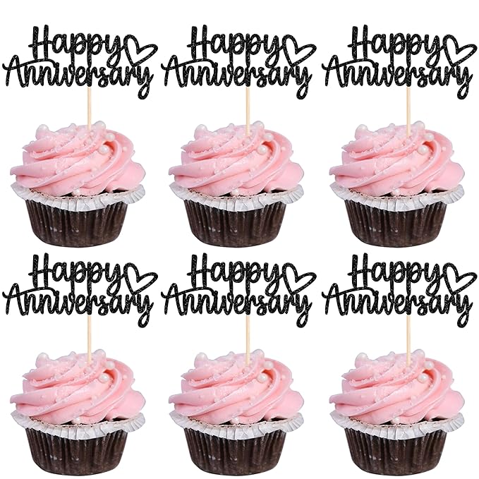 24 PCS Happy Anniversary Cupcake Toppers Glitter Wedding Anniversary Cupcake Picks Decorations for Wedding Anniversary Birthday Party Supplies Black