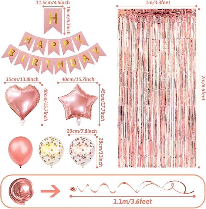 Rose Gold Birthday Decorations, Happy Birthday Banner, Confetti Balloons, Fringe Curtain, Heart Star Foil Balloons, Hanging Swirls for Women Girls Princess Party Decorations