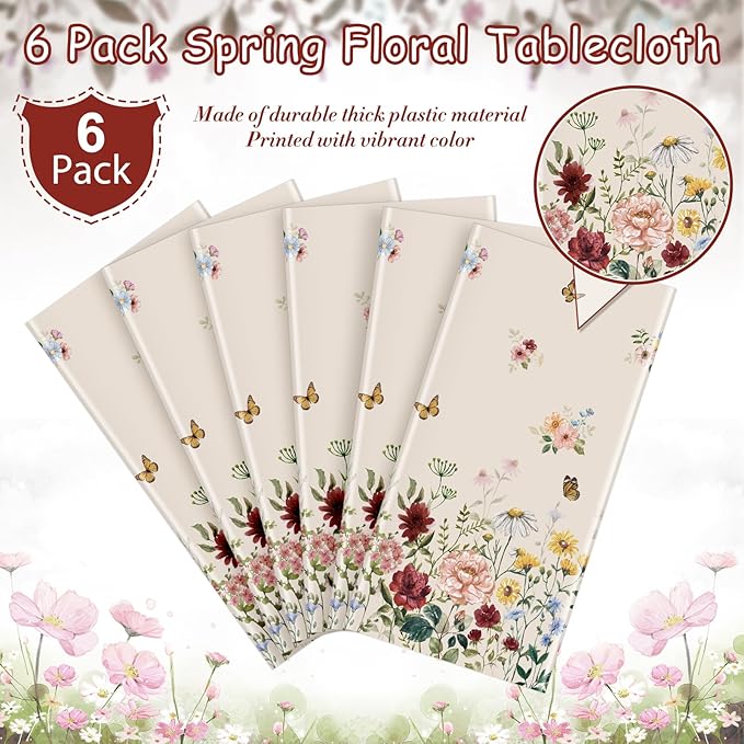 6 Pcs Spring Floral Tablecloth, Butterfly Wildflower Plastic Disposable Tablecloth Rectangle Table Covers for Easter, Birthday, Wedding, Mothers Day Tea Party Supplies and Decorations,54 x 108 Inch