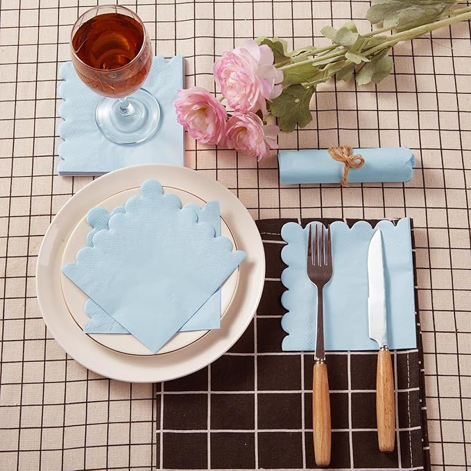 100 Pack Cocktail Napkin 2-Ply Scalloped Edged Dessert Napkins Folded 5 x 5 Inches Disposable Napkins for Dinner Wedding Birthday Party Bridal Anniversary Reception Event (Light Blue)