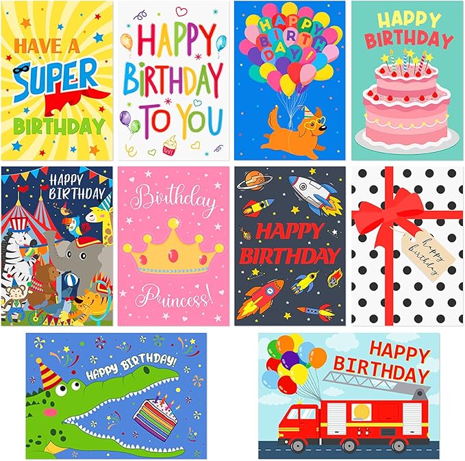 Hooqict Birthday Cards for Kids (4"x6") 10 Assorted Happy Birthday Cards with Envelopes and Greetings Inside (Carnival, Princess, Cake, Animals, Space, Gift Box, Balloons) for Boys Girls 1 2 3 4 5+