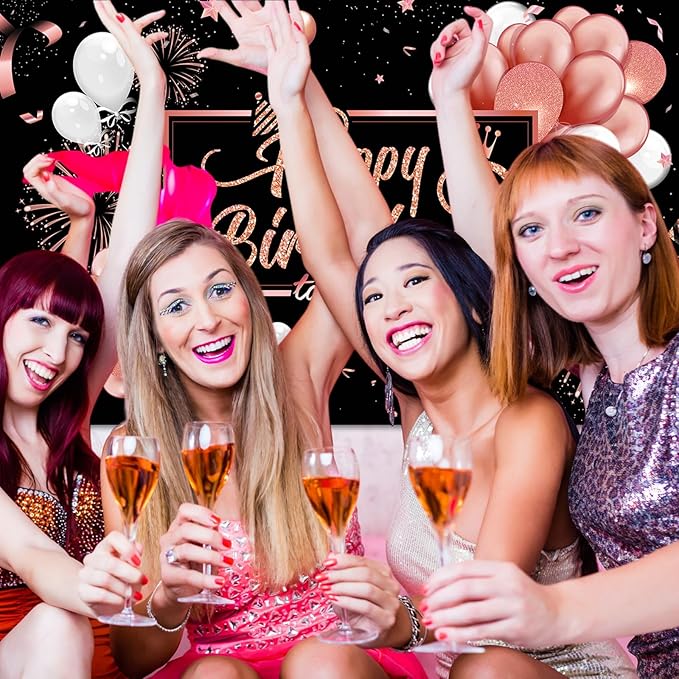 Blulu Happy Birthday Backdrop Banner Sign Poster Large Fabric Glitter Balloon Fireworks Sign Photo Backdrop Background for Birthday Party Decoration Supplies, 72.8 x 43.3in (Pink and Black)