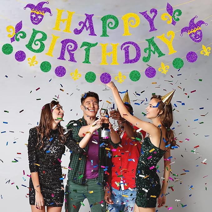Zwiebeco Green Purple Gold Happy Birthday Banner Circle Dots Irises Bunting Garland Hanging Paper Party Decorations for Boys Girls Mens Womens Adults Mardi Gras Themed Bday Decor Accessories Supplies