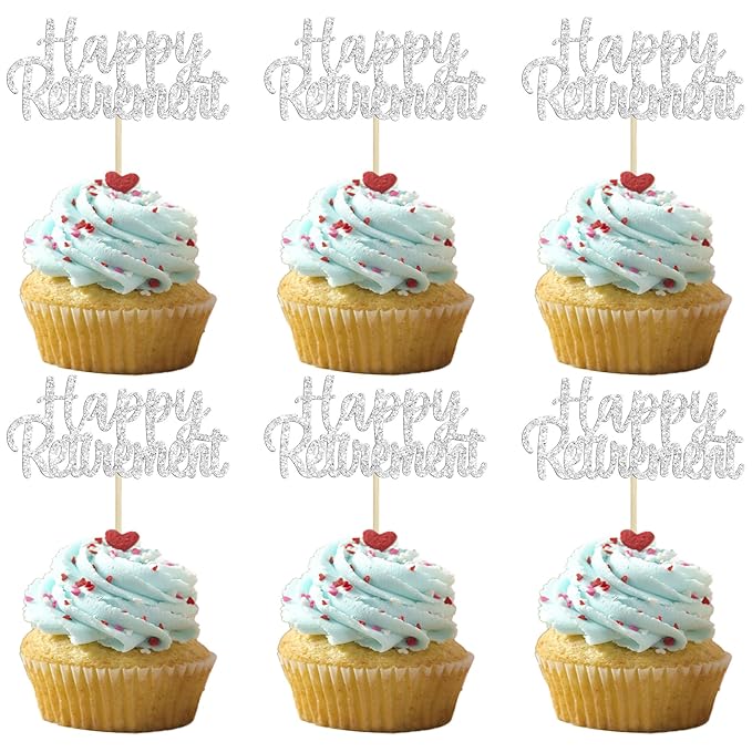 Gyufise Silver Glitter Happy Retirement Cupcake Toppers Retired Cake Decorations for Retirement Party Cake Decorations 36 Pack